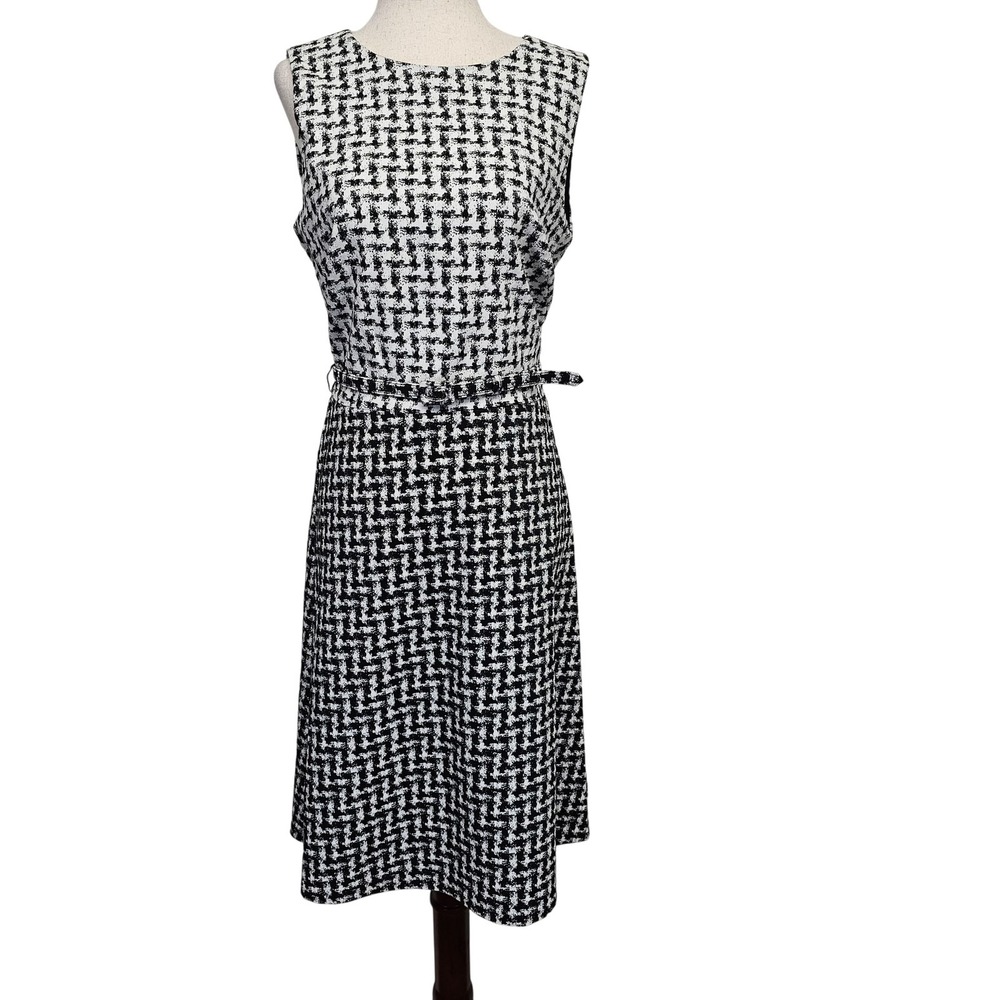 Lauren Ralph Lauren Dress Womens 8 Black White Sleeveless Belted Tweed Pattern